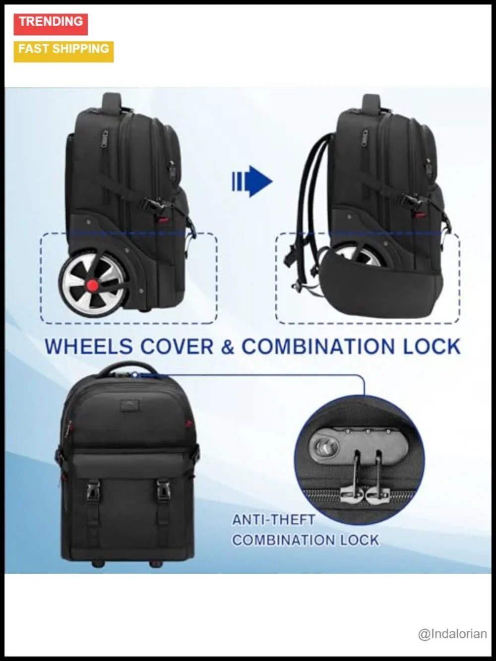 Rolling Backpack with Wheels, Large Travel Laptop Backpack, Anti-Theft Lock